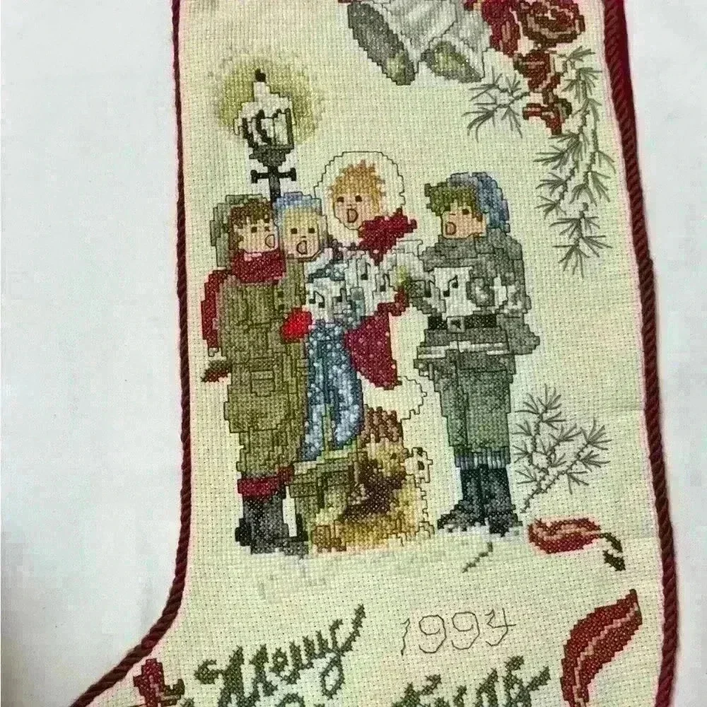 Vintage Christmas Cross Stitch 1994 Carolers Stocking with name Hanna on it
